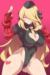  blonde_hair breasts capcom cleavage cosplay cynthia expressionless female_only femsub glowing glowing_eyes hair_covering_one_eye hat heart konno_tohiro large_breasts long_hair looking_at_viewer nintendo pokemon pokemon_diamond_pearl_and_platinum shadaloo_dolls solo street_fighter tie 