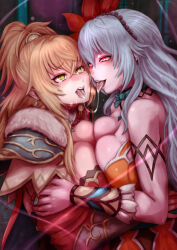  blonde_hair blue_hair breast_press breasts charm_(spell) choker cleavage defeated drool femdom femsub final_empress glowing hanemikakko heart heart_eyes hypnotic_magic kissing long_hair magic ring rocbouquet romancing_saga romancing_saga_2 spit_trail square_enix symbol symbol_in_eyes symmetrical_docking tagme tears tongue tongue_out yuri 