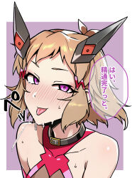 bare_shoulders blush brown_hair cleavage drool female_only femsub gloves hair_ornament hibiki_tachibana japanese_text looking_at_viewer onon-sp opera_gloves pink_eyes purple_background see-through senki_zesshou_symphogear short_hair simple_background solo sweat tongue tongue_out translation_request white_background