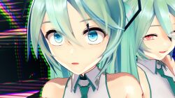  3d bare_shoulders before_and_after blue_eyes blue_hair cyan_hair dazed evil_smile female_only femsub koikatsu! looking_at_viewer miku_hatsune multiple_girls red_eyes shirt smile solo standing taihou1944 tattoo tie twintails very_long_hair 