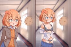 blue_eyes blush bow bra clothed cookies dazed doki_doki_literature_club drool empty_eyes expressionless femsub hypnotic_food lace lingerie panties pendulum sayori_(doki_doki_literature_club) school_uniform solo source_request theartistaurora undressing