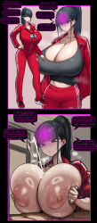 black_hair cleavage comic dazed dialogue english_text femsub huge_breasts maledom manip original paizuri psychic speech_bubble tagme tank_top text tiechonortheal_(manipper) wolffeld_price