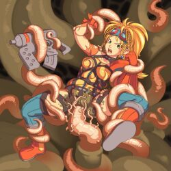 blonde_hair bondage braid corruption female_only femsub final_fantasy final_fantasy_x goggles goggles_on_head green_eyes gun long_hair open_mouth resisting rikku sex solo tentacle_sex tentacles thighhighs torn_clothes transformation twintails utilizator vaginal weapon
