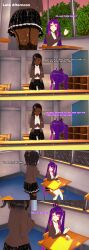 absurdres anoni_(anoni_hypno) anoni_hypno black_hair blue_eyes blush choker classroom closed_eyes clothed dark_skin dialogue english_text female_only femdom femsub long_hair mous_carter_(anoni_hypno) multiple_girls original purple_eyes purple_hair school_uniform short_hair spiral spiral_eyes sweat symbol_in_eyes text twintails 