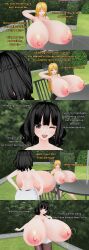  absurdres black_eyes black_hair blonde_hair blue_eyes breasts calusteri closed_eyes confused dialogue english_text female_only femsub hyper_breasts lactation long_hair milk multiple_girls multiple_subs nipples nude original short_hair text wink 