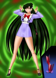 antenna bluebullpen earrings empty_eyes expressionless female_only fembot femsub glowing glowing_eyes green_hair high_heels hypnotic_accessory jewelry long_hair ponytail sailor_moon_(series) sailor_pluto tech_control very_long_hair