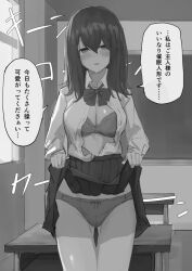 blush bra breasts comic dazed drool empty_eyes expressionless female_only femsub greyscale looking_at_viewer mayonaka open_clothes open_mouth open_shirt original panties shirt skirt skirt_lift solo text translated underwear undressing