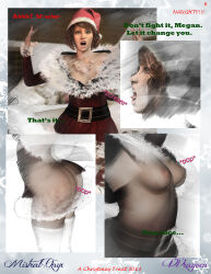 3d absurdres ass breast_expansion breasts brown_eyes brown_hair christmas comic femsub fishnets hat lingerie magic maledom mistralonyx necklace nipples original poser resisting santa_hat standing text thighhighs transformation underwear vvrayven