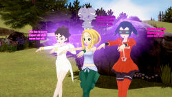 3d blonde_hair blue_hair diantha empty_eyes espurr femsub mable_(pokemon) nintendo pokemon sonrio12 team_flare text viola_(pokemon) visor 