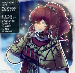  anna_(fire_emblem) bangs blush bracers braid cape clothed coin earrings expressionless female_only femsub finger_to_mouth fire_emblem fire_emblem_fortunes_weave gold jewelry left_idling long_hair night nintendo pendulum ponytail red_eyes red_hair sequence solo spiralwash_eyes suit text transparenttexture 