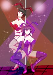 absurdres bare_shoulders black_hair breasts bunnysuit classroom_of_the_elite cleavage dancing femsub gloves high_heels horikita_suzune large_breasts mio_(tsukimichi) moon-led_journey_across_another_world opera_gloves pink_eyes pole_dancing soex sparkle tagme thighhighs