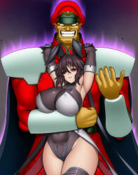 armpits arms_above_head bangs breasts bunny_ears crossover empty_eyes evans expressionless femsub gloves hug huge_breasts leotard looking_at_viewer m._bison maledom microchip milf mizuki_shiranui opera_gloves pink_eyes ribbon short_hair street_fighter taimanin_(series) taimanin_yukikaze tech_control thick_thighs thigh_boots thighhighs