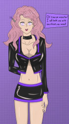  antenna black_clover dialogue earpiece female_only fembot femsub happy_trance hy2300 large_breasts long_hair pink_hair simple_background smile speech_bubble spiral_eyes tech_control text vanessa_enoteca 