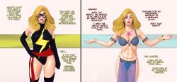  3d abs before_and_after blonde_hair breasts carol_danvers dialogue female_only femsub harem_outfit marvel_comics op-tron open_mouth tagme text western 