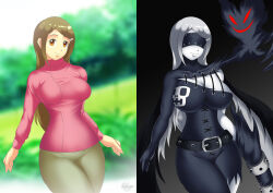 before_and_after blindfold breasts brown_hair corruption digimon hadant kari_kamiya ladydevimon large_breasts latex pale_skin signature smile white_hair