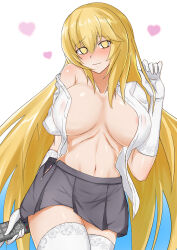 a_certain_scientific_railgun black_skirt blonde_hair blush breasts erect_nipples exposed_chest female_only femsub gloves happy_trance large_breasts long_hair looking_at_viewer manip misaki_shokuhou misterman4_(manipper) opera_gloves remote_control skirt smile tagme thighhighs undressing wrecker