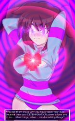  breasts cleavage_cutout femdom femsub frisk_(undertale) glowing glowing_eyes heart hypnotic_eyes large_breasts looking_at_viewer mairusu-paua manip open-chest_sweater pov pov_sub smile spiral text undertale waverun_(manipper) 