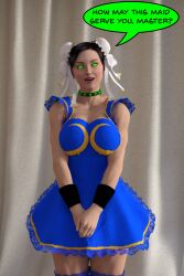  3d alternate_costume black_hair capcom chun-li collar dialogue double_hair_bun dress female_only femsub glowing_eyes green_eyes hair_bun_covers hair_buns happy_trance maid maledom open_mouth smile solo speech_bubble standing street_fighter text theheckle thighhighs 