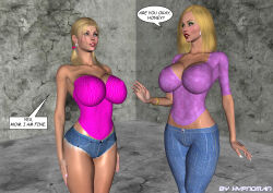  3d bare_shoulders blonde_hair blue_eyes blush breasts character_request cleavage collarbone expressionless female_only femsub huge_breasts hypnoman jean_shorts jeans kary_(hypnoman) long_hair milf mother_and_daughter navel open_mouth original red_lipstick see-through shorts standing standing_at_attention text 