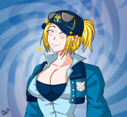  alerith blonde_hair breasts capcom cleavage clothed female_only femsub final_fight glasses_on_head happy_trance hat large_breasts lucia_morgan police_uniform policewoman ponytail short_hair signature smile solo sparkle spiral_background spiralwash_eyes street_fighter sunglasses 