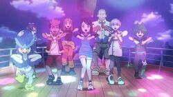 animated animated_gif ascot beard blue_hair coat dark_skin dot_(pokemon) femsub green_hair hair_covering_one_eye hair_ornament happy_trance headphones hoodie liko_(pokemon) long_hair malesub mass_hypnosis mochi_dance mollie_(pokemon) multicolored_hair multiple_boys multiple_girls multiple_subs murdock_(pokemon) nintendo official open_mouth orla_(pokemon) pink_hair pokemon pokemon_(anime) pokemon_(creature) ponytail purple_eyes purple_hair quaxwell red_hair roy_(pokemon) short_hair smile ult_(pokemon)