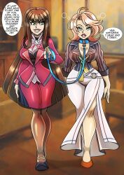  absurdres bangs black_hair blue_eyes bubble business_suit chloe_lanster collar dialogue dress female_only femdom femsub green_eyes heavy_eyelids hime_cut hypnotized_walking kilika_rouran leash long_hair milf pantyhose red_hair shirt short_hair skirt smile speech_bubble standing suit text the_legend_of_heroes the_legend_of_heroes_trails_in_the_sky tie very_long_hair zorro-zero 