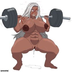  abs bottomless brain_drain breasts collarbone crossed_eyes dangan_ronpa dark_skin dialogue drool exercise feet female_only femsub ghostec gym happy_trance huge_breasts huge_nipples large_hips long_hair mantra muscle_girl nipples nude purple_eyes pussy pussy_juice sakura_oogami scars simple_background smile solo spread_pussy squatting standing sweat text thick_thighs topless weightlifting white_hair wide_hips 