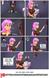 aiko_hajime_shin bare_breasts bare_shoulders bottomless brown_eyes comic how_i_became_my_masters_slave hypnotico large_ass large_breasts large_hips nipples pink_hair saimin_(hypnotico) sharp_teeth speech_bubble story text topless