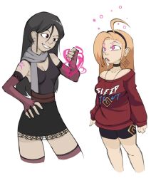 ahoge black_hair blonde_hair breasts cleavage drool essence_(nexus_light) female_only femdom femsub gloves glowing_eyes hairband large_breasts long_hair magic necklace open_mouth pink_eyes shorts skirt smile sodapop sweater v-nettle_(nettleseeds)