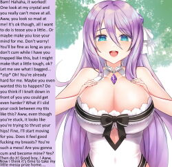  bindong blue_eyes breasts caption caption_only choker female_only femdom frills hair_ribbon huge_breasts jewelry large_breasts looking_at_viewer manip omgwowsospoopy_(manipper) paizuri pov pov_sub princess_connect!_re_dive purple_hair ribbon shizuru_(princess_connect) text 