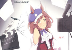 arm_warmers blush bow_tie brown_hair camera corset earrings empty_eyes eyebrows_visible_through_hair female_only femsub gojulas hair_clips happy_trance hat horse_girl hypnovember matikanetannhauser multicolored_hair shirt short_hair smile solo sweat uma_musume unfocused_eyes white_hair yellow_eyes