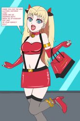  alternate_costume anklet arm_bands bimbofication blonde_hair blue_eyes cleavage collar dialogue dollification earrings empty_eyes eye_color_change eyebrows_visible_through_hair eyeshadow fate/kaleid_liner_prisma_illya fate/stay_night fate_(series) femsub fingerless_gloves gloves hair_color_change happy_trance high_heels jewelry lipstick lunar-worx luviagelita_edelfelt makeup midriff nail_polish navel rin_tohsaka short_skirt skirt text thighhighs tube_top twintails 
