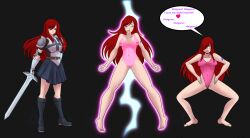 absurdres alternate_costume armor before_and_after boots breasts brown_eyes corruption erza_scarlet fairy_tail female_only femsub haigure hair_covering_one_eye katsiika leotard long_hair nipples pink_eyes pussy red_hair skirt smile sword tattoo text transformation