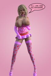  3d alternate_costume bimbofication blonde_hair breasts breasts_outside collar dialogue female_only femsub fishnets happy_trance high_heels huge_breasts kisstress_(theheckle) large_breasts latex legs miniskirt open_clothes original pink_eyes pussy short_skirt skirt solo text theheckle 