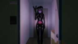  3d black_hair black_lipstick blue_skin bodysuit boots collar crotch_tattoo custom_maid_3d_2 empty_eyes erect_nipples_under_clothes face_paint female_only femsub glowing hat latex li_q lipstick looking_at_viewer red_eyes rubber solo standing tattoo weapon 
