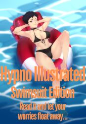  bikini black_hair breasts carmen_sandiego cleavage female_only glasses happy_trance julia_argent_(carmen_sandiego) looking_at_viewer lying nokyostore on_back pool reina_akahoshi short_hair solo swimsuit symbol_in_eyes tongue tongue_out wink zupern0va_(manipper) 