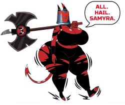  ass_expansion axe bimbofication breast_expansion bucket_helmet demon_girl female_only glamrockmangle12 helluva_boss horns millie_(helluva_boss) red_skin speech_bubble text transformation 