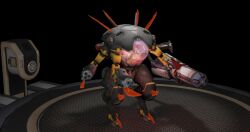  3d arms_behind_back black_background brown_hair corruption d.va face_paint female_only femsub gag glowing headphones invaderman6 long_hair nude overwatch pasties restrained robotization simple_background small_breasts solo stasis_tank tech_control visor weapon 