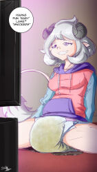 age_regression dialogue diaper drool femsub grey_hair happy_trance horns monitor original scat short_hair sketchmandl sweater symbol_in_eyes tail text urination