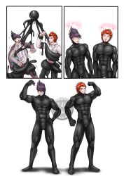  abs comic dangan_ronpa dazed flexing happy_trance kaito_momota leon_kuwata male_only malesub muscle_boy possession purple_hair red_hair st_aplha standing symbiote 
