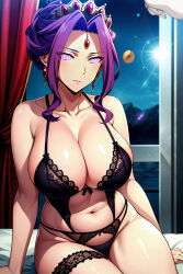  ai_art bare_shoulders bed blush cleavage coin crown earrings female_only femsub glowing_eyes huge_breasts jewelry lingerie manip milf mirelia_q_melromarc misterman4_(manipper) pendulum purple_hair royalty spiral_eyes stable_diffusion_(ai) tagme the_rising_of_the_shield_hero tied_hair 