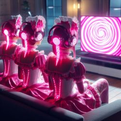 ai_art dollification dress dronification female_only femsub glowing headphones maid maid_headdress misstranci_(generator) monitor multiple_girls multiple_subs pink_hair sitting spiral tech_control