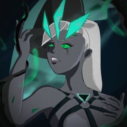 absurdres alternate_costume alternate_hair_color alternate_hairstyle corruption crown female_only femsub glowing glowing_eyes green_sclera green_skin jewelry league_of_legends open_mouth ponytail rosera ruination seraphine_(league_of_legends) solo tears white_hair