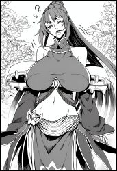 absurdres ai_art breasts dazed drool empty_eyes eye_roll lillytank_(generator) monochrome novelai_(ai) open_mouth smile south_(witch_hunter) witch_hunter_(manhwa)