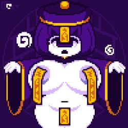 animated animated_gif bbw cyclops empty_eyes hat huge_breasts jiangshi monster_girl navel nipples octotron2000 open_mouth original pixel_art purple_hair short_hair spiral talisman thick_thighs white_skin wide_hips zombie_walk