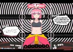    ahoge arms_behind_back beat_(unbeatable) clothed collarbone crop_top defeated drool dumbskull expressionless eyebrows_visible_through_hair female_only femsub gameplay_mechanics heart hypnotic_music kneeling looking_at_viewer midriff music navel open_mouth pants pink_hair ring_background shoes short_hair solo spiral_eyes text unbeatable 