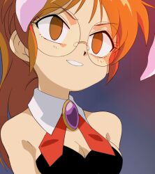  alternate_costume bare_shoulders blue_background breasts bunny_ears bunnysuit cleavage collar empty_eyes eyelashes fake_animal_ears female_only femsub futaba_mitsuse glasses glowing gradient_background hitsugi_mc jewelry leotard light_skin orange_eyes orange_hair ponytail smile solo tetsujin_28_fx 