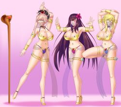  artoria_pendragon artoria_pendragon_(lancer) blonde_hair bluebullpen breasts fate/grand_order fate_(series) femsub happy_trance harem harem_outfit high_heels large_breasts long_hair miyamoto_musashi_(fate) multiple_girls pink_hair purple_hair saber scathach_(fate/grand_order) staff symbol_in_eyes tagme 
