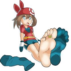  barefoot brown_hair feet female_only femsub foot_focus hat hypnotic_accessory long_hair may nintendo open_mouth pokemon pokemon_ruby_sapphire_and_emerald short_hair socks spiral_eyes symbol_in_eyes toe_ring zuneycat 