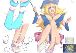 arm_warmers bare_legs bare_shoulders blonde_hair blush collarbone dark_magician_girl dress emblem feet female_only femsub gameplay_mechanics gojulas green_eyes hat high_heels hypnovember legs long_hair necklace open_mouth ribbon see-through simple_background solo staff unhappy_trance white_background witch_hat yu-gi-oh!
